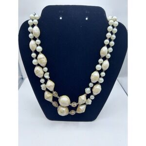 Vintage White Beaded Glass Double Necklace‎ Silver Tone Made In Japan